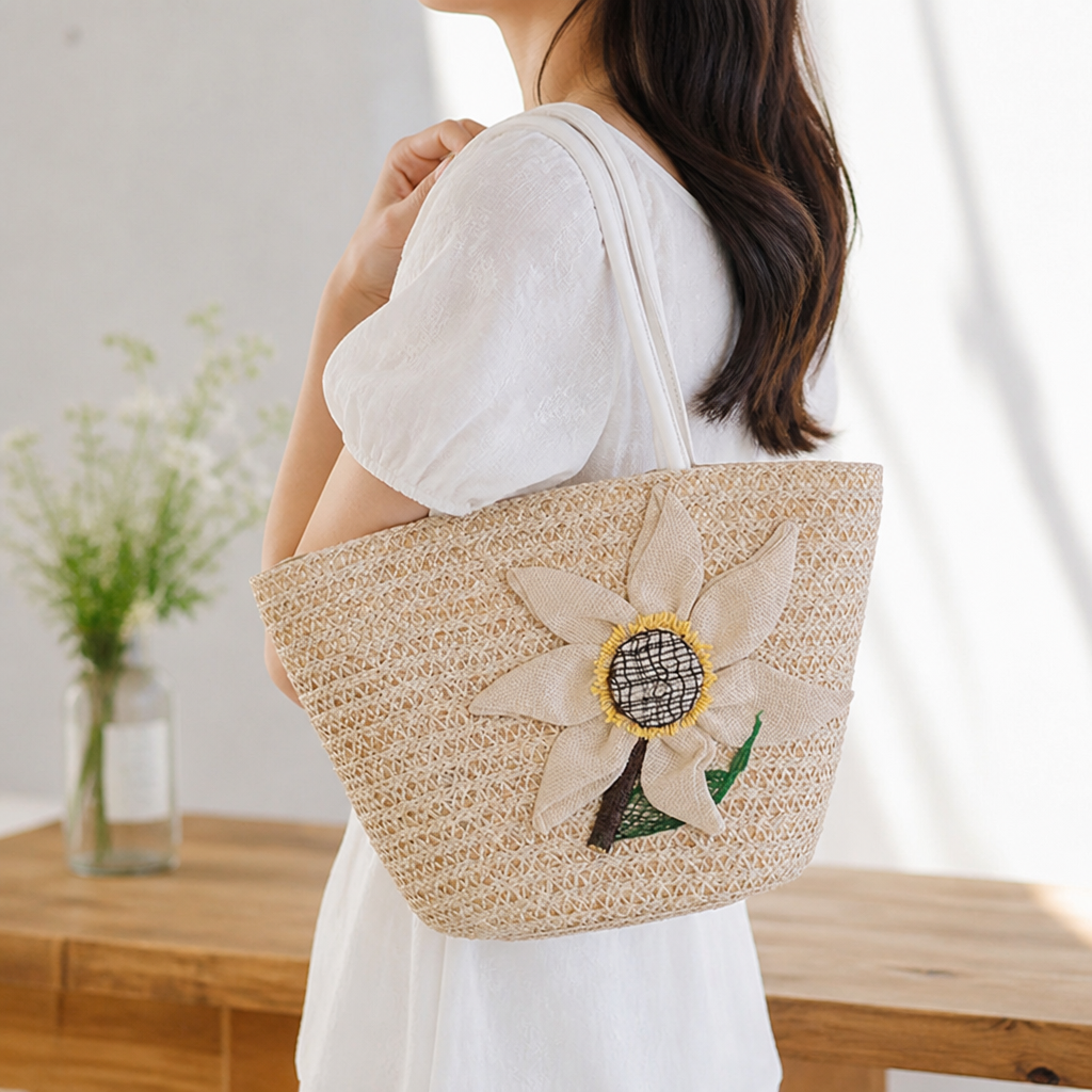 Spacious Handwoven Floral Straw Tote