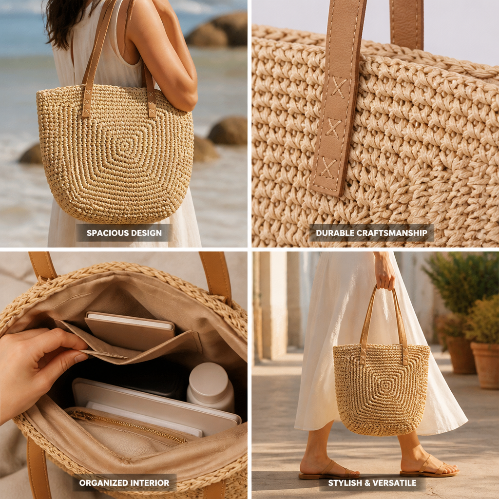 Spacious Handwoven Natural Fiber Tote Bag (Faux Leather Handles)