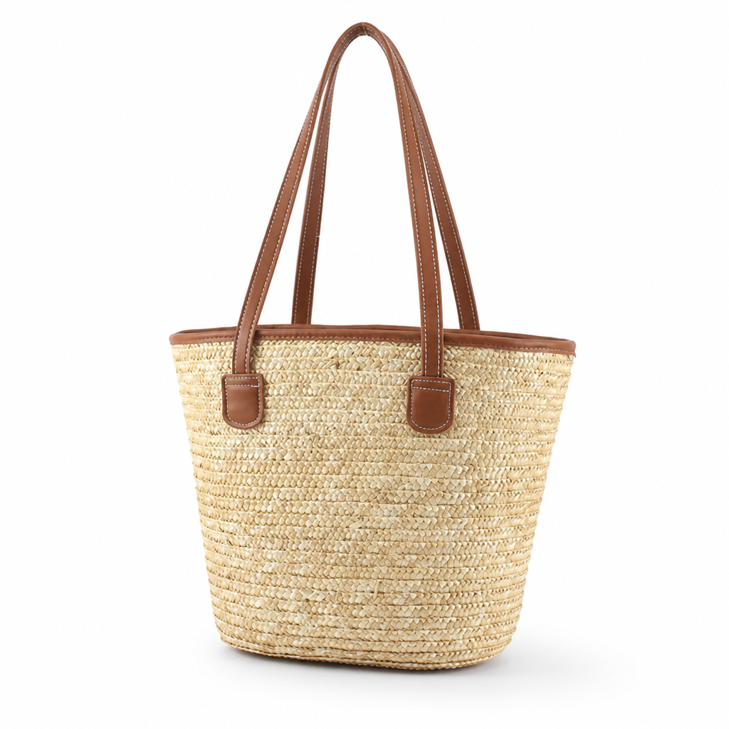 Spacious Handwoven Raffia Basket Bag With Leather Handles
