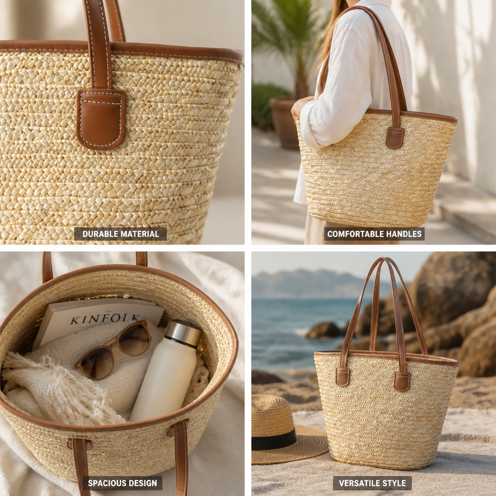 Spacious Handwoven Raffia Basket Bag With Leather Handles