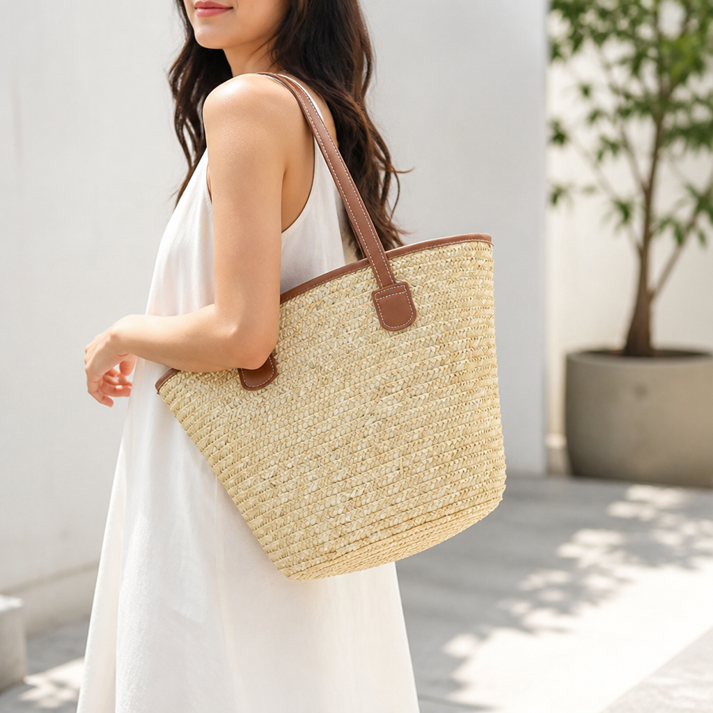 Spacious Handwoven Raffia Basket Bag With Leather Handles