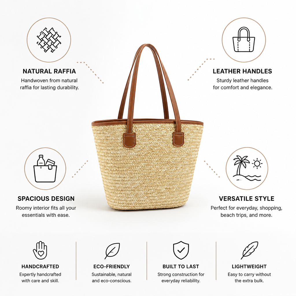 Spacious Handwoven Raffia Basket Bag With Leather Handles