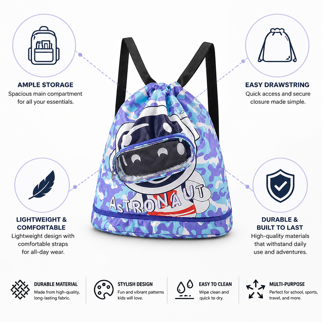 Spacious & Lightweight Kids Drawstring Backpack (Astronaut Graphic)