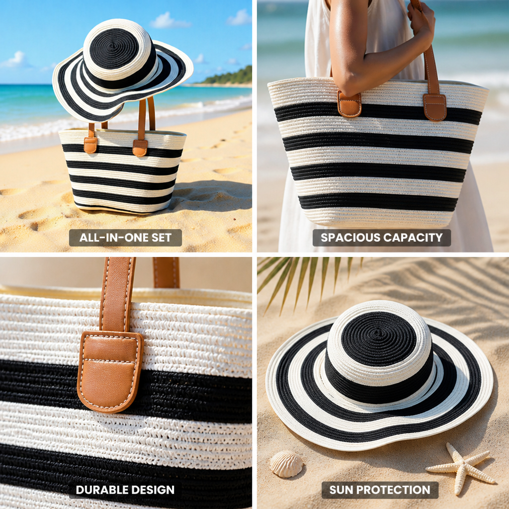 Spacious Lightweight Sun-Protective Beach Bag & Hat Set