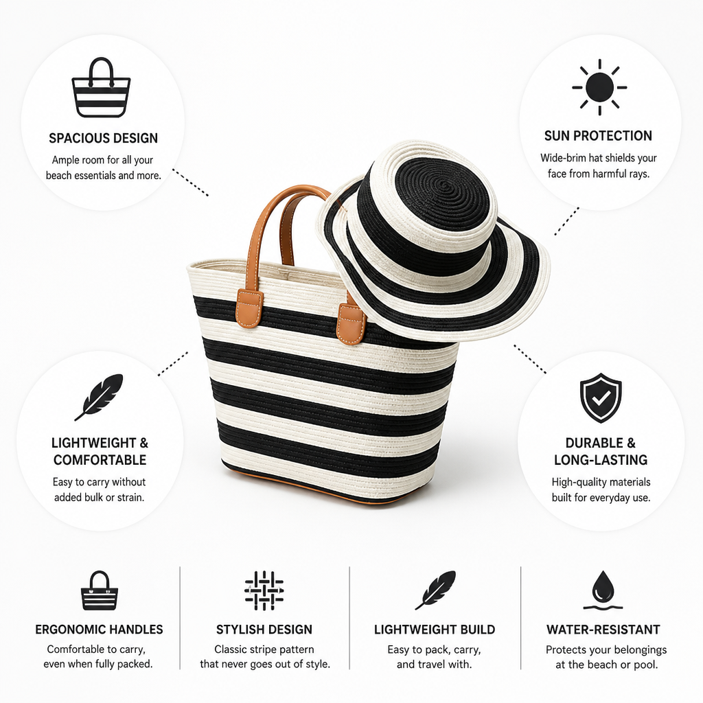 Spacious Lightweight Sun-Protective Beach Bag & Hat Set