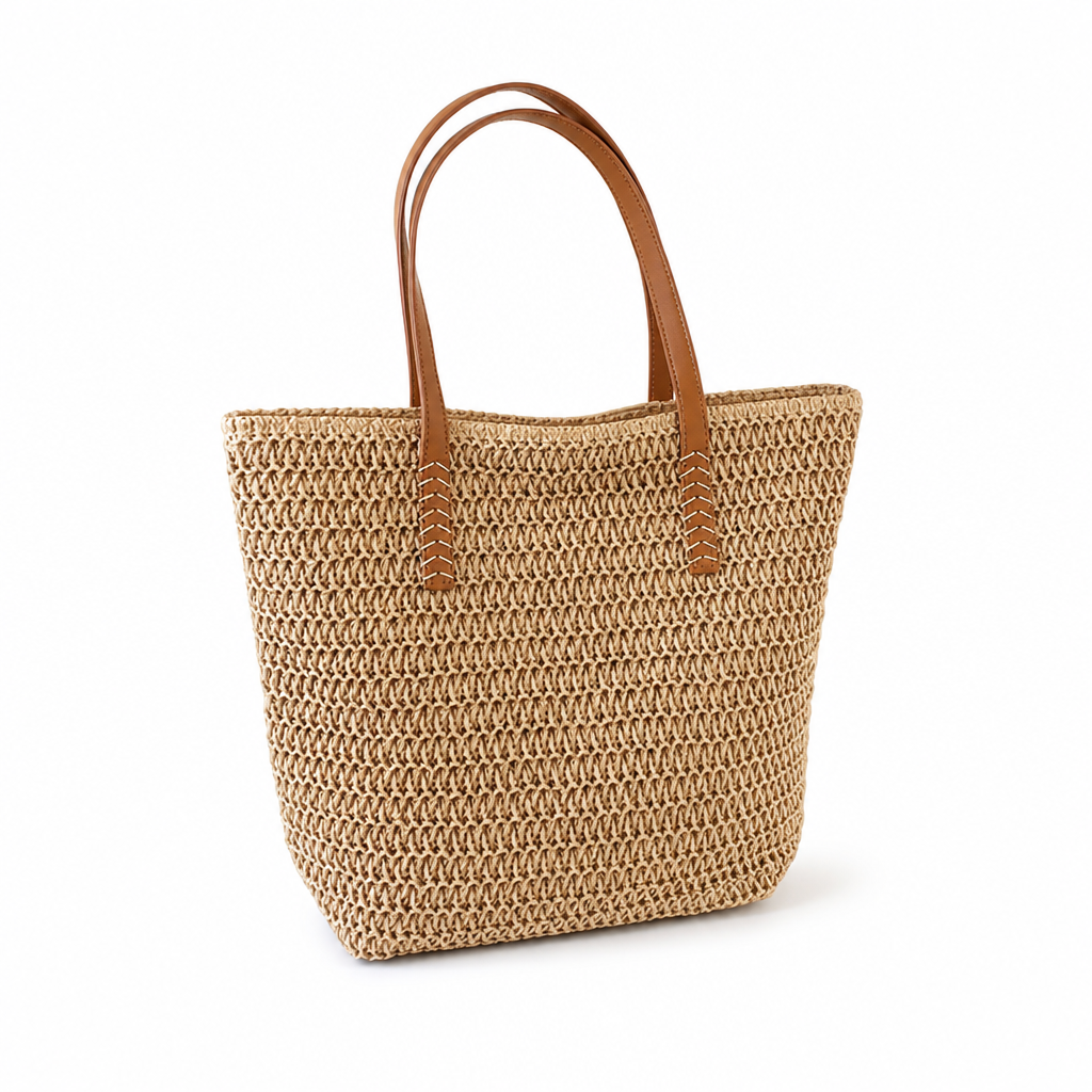 Spacious Lightweight Woven Straw Beach Bag (Faux Leather Handles)