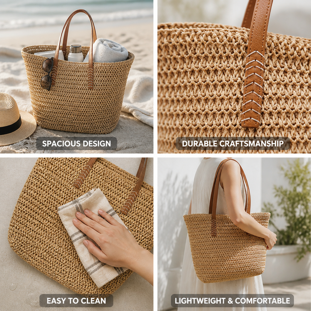 Spacious Lightweight Woven Straw Beach Bag (Faux Leather Handles)
