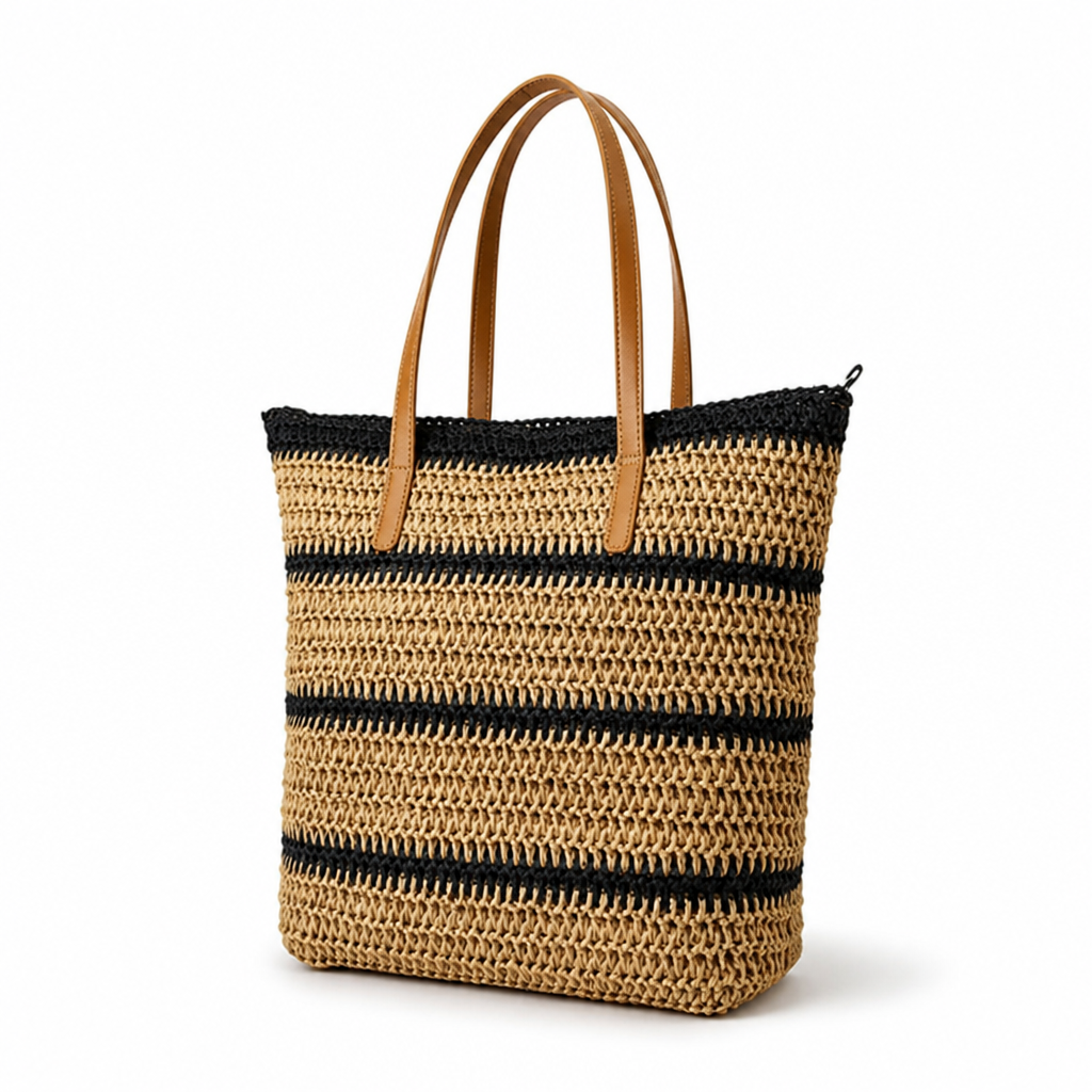 Spacious Lightweight Woven Straw Beach Bag (Faux Leather Handles)