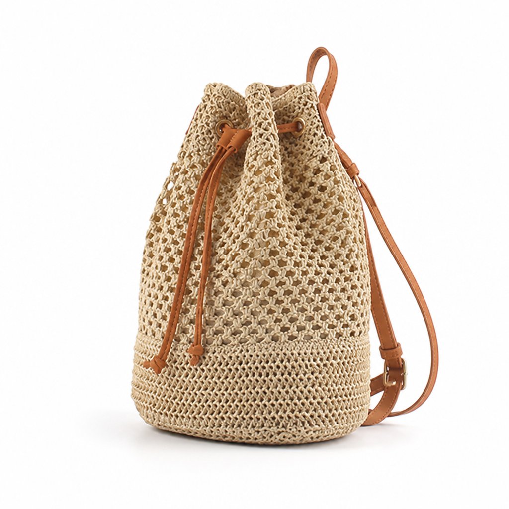 Spacious Natural Raffia Backpack With Adjustable Leather Straps