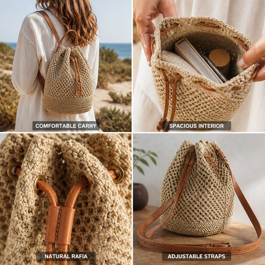 Spacious Natural Raffia Backpack With Adjustable Leather Straps