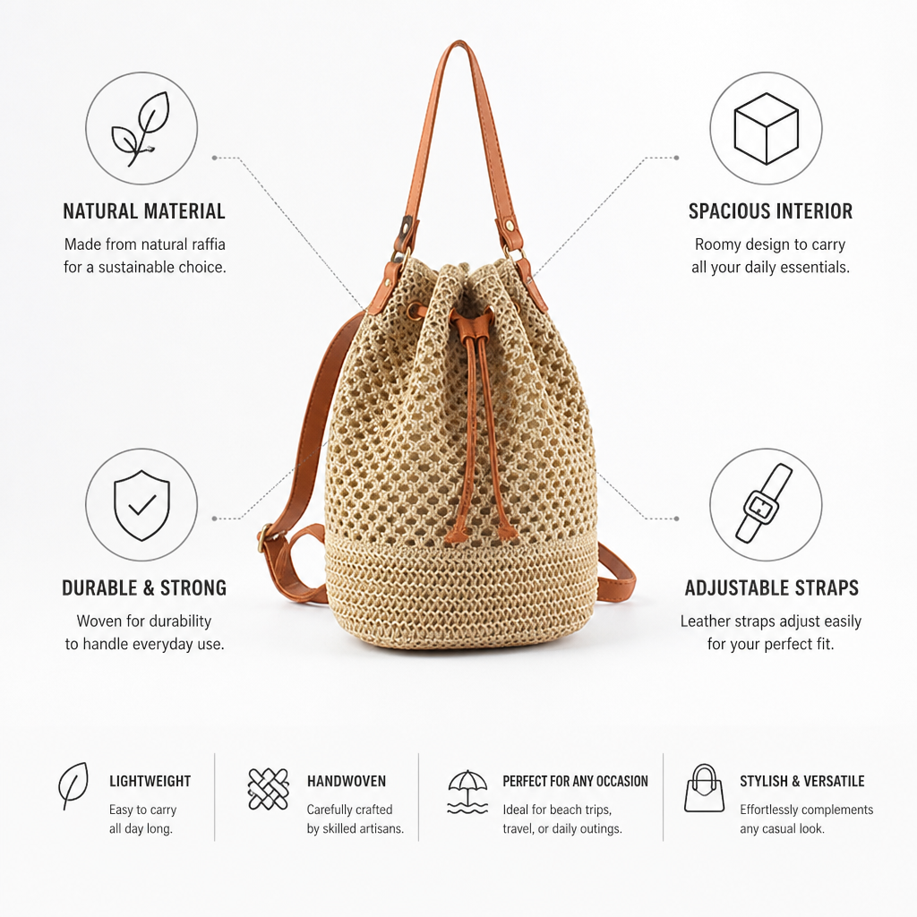 Spacious Natural Raffia Backpack With Adjustable Leather Straps