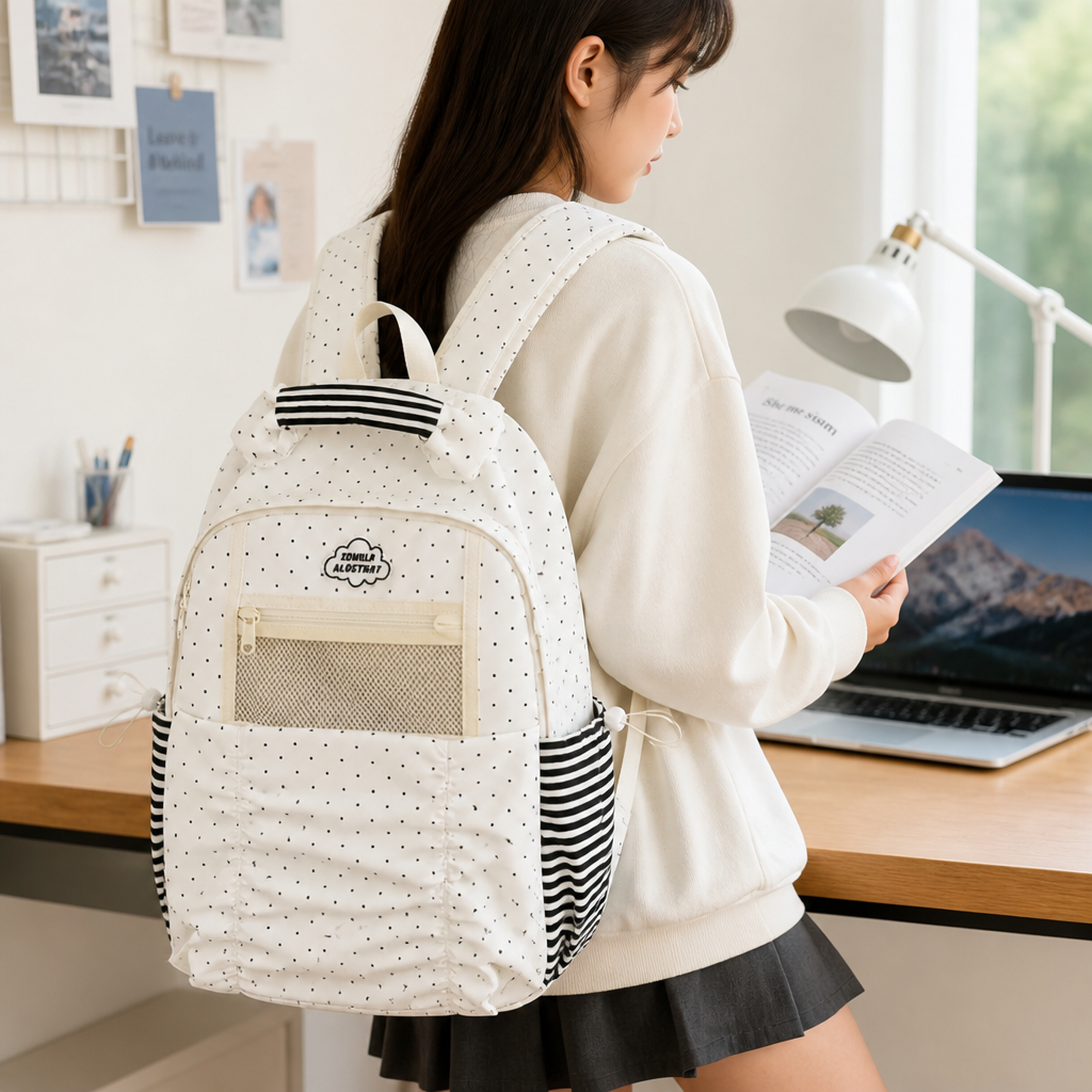 Spacious Polka Dot School Backpack (Padded Adjustable Straps)