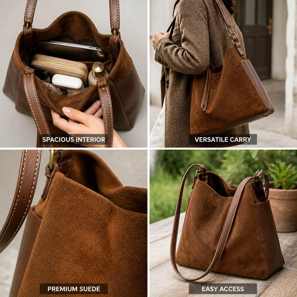 Spacious Premium Suede Bucket Handbag (Shoulder Strap & Handles)