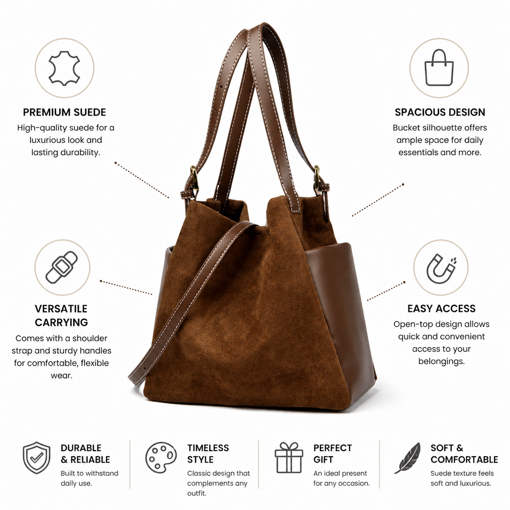 Spacious Premium Suede Bucket Handbag (Shoulder Strap & Handles)