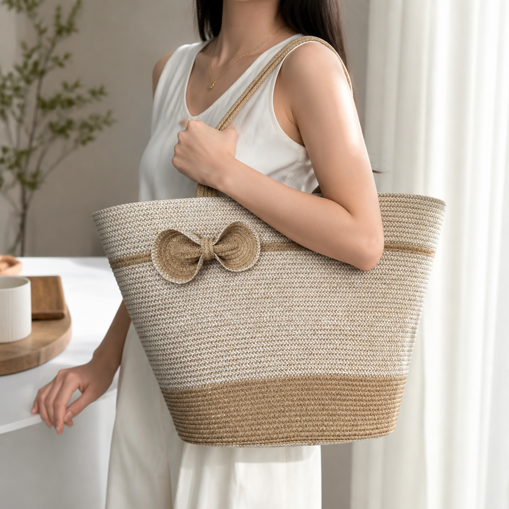 Spacious Straw Tote Bag With Bow Closure