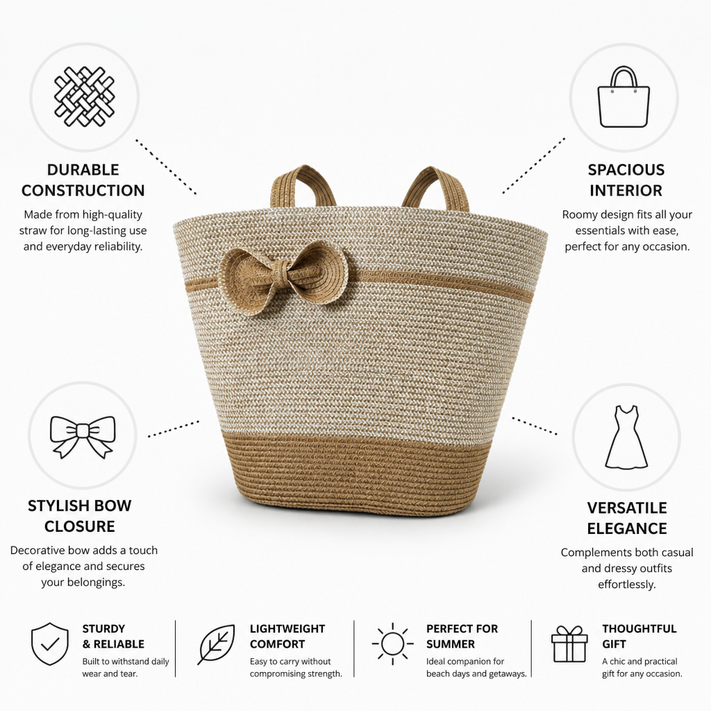 Spacious Straw Tote Bag With Bow Closure
