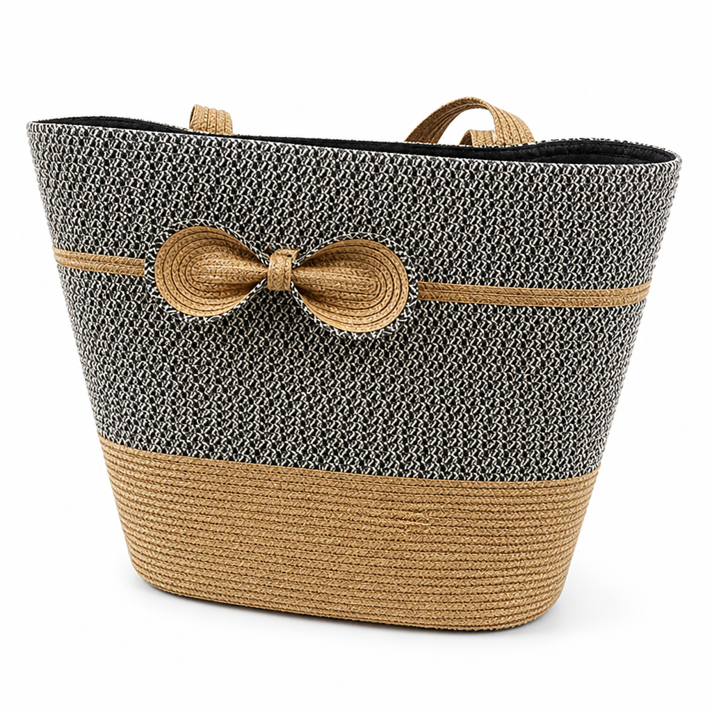 Spacious Straw Tote Bag With Bow Closure