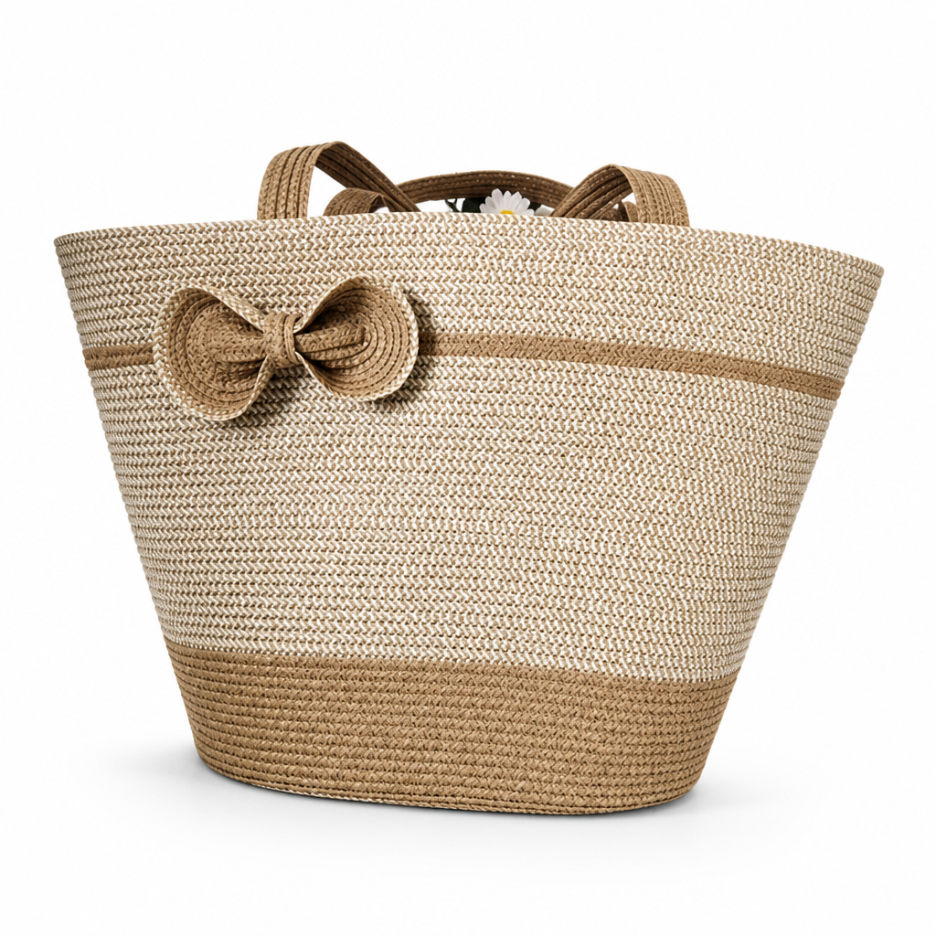 Spacious Straw Tote Bag With Bow Closure