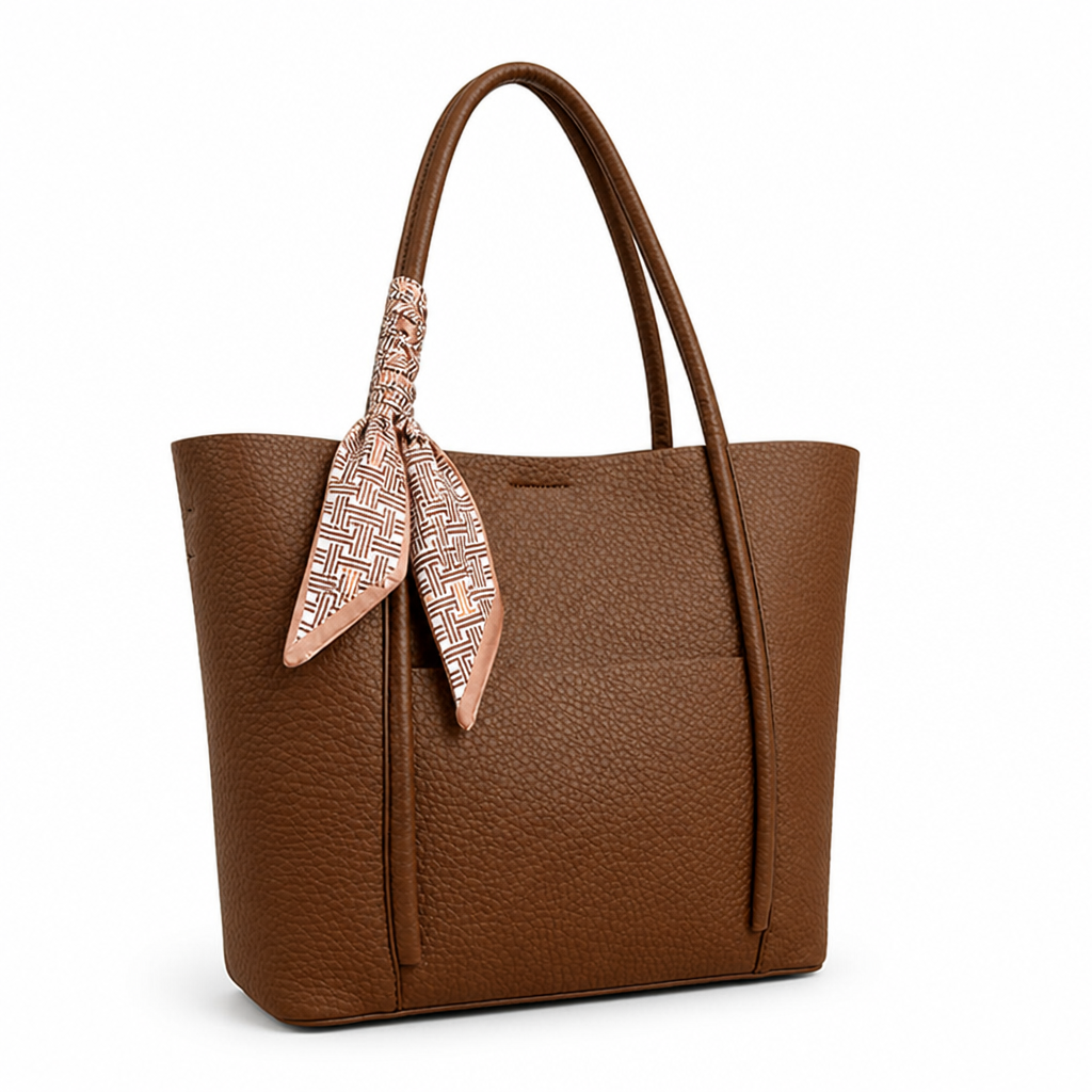 Spacious Textured Leather Tote Bag (Scarf Accent)