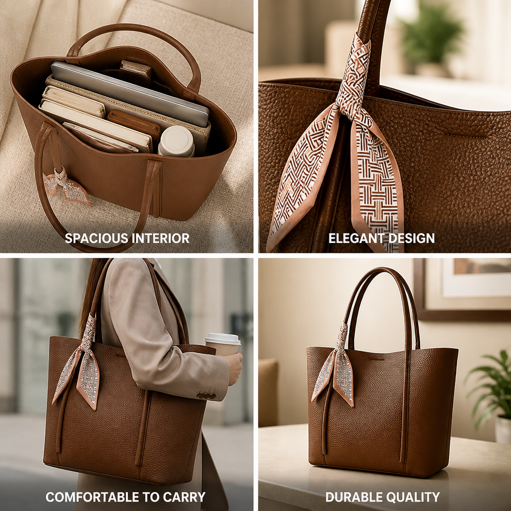 Spacious Textured Leather Tote Bag (Scarf Accent)