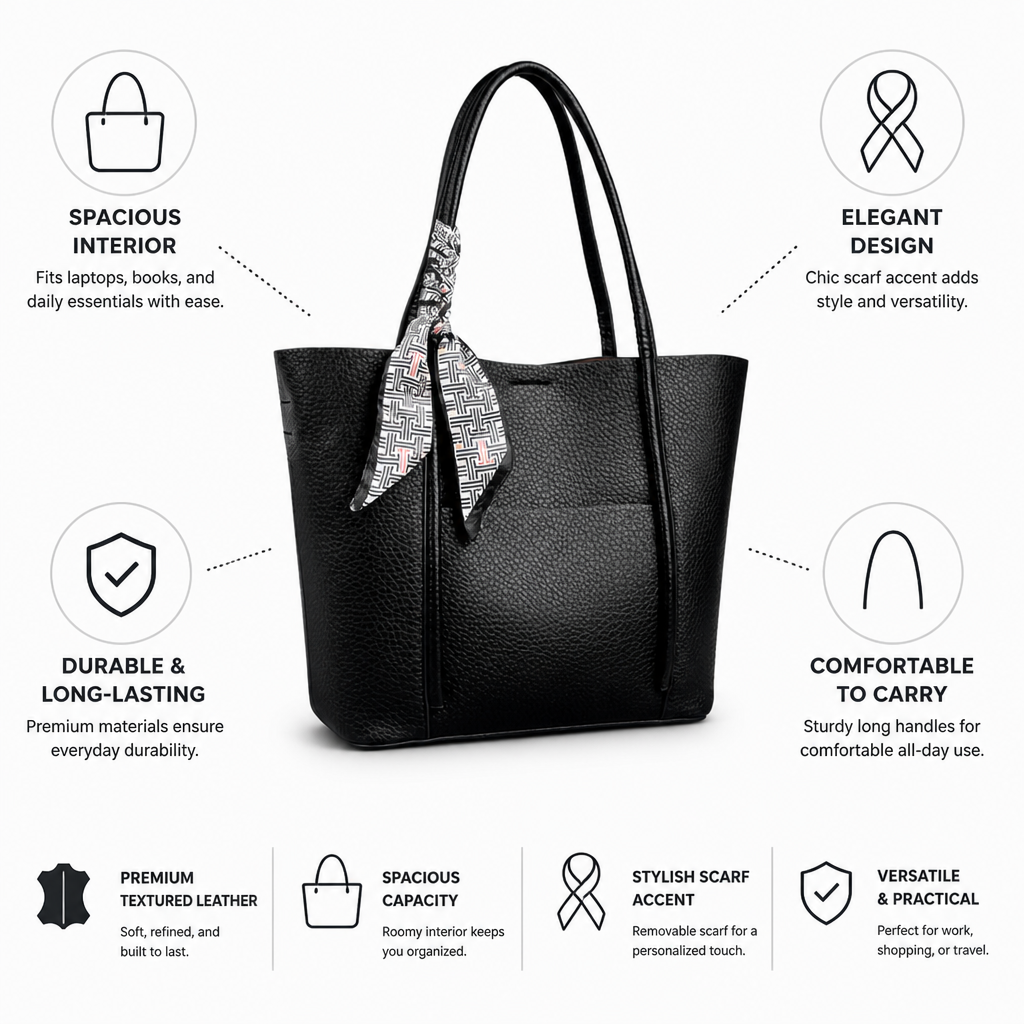 Spacious Textured Leather Tote Bag (Scarf Accent)
