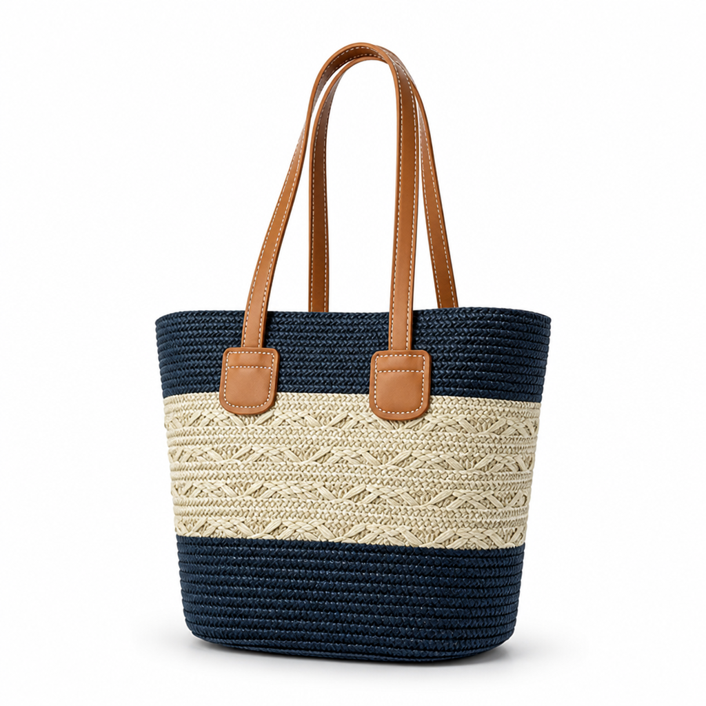 Spacious Woven Beach Bag (Faux Leather Handles)