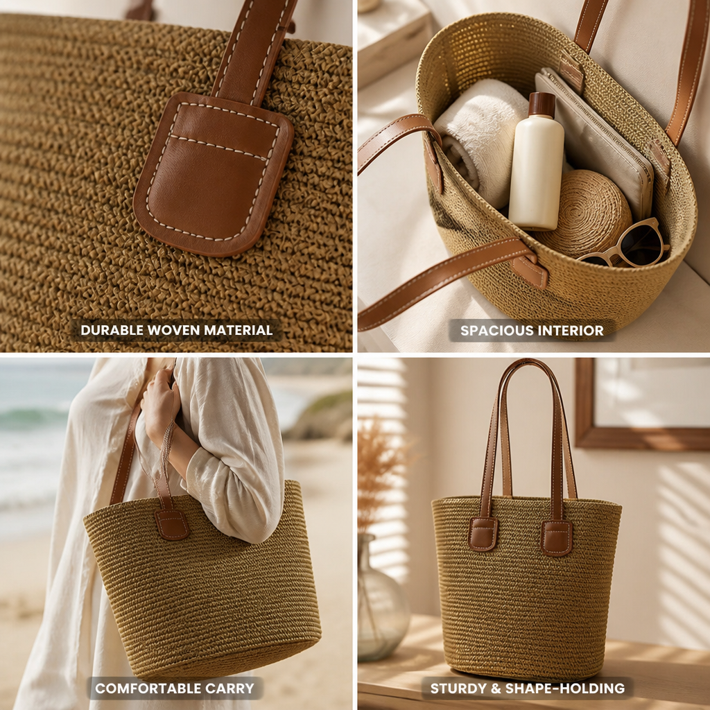 Spacious Woven Beach Bag (Faux Leather Handles)