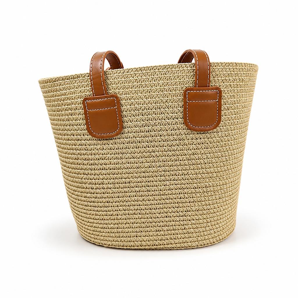 Spacious Woven Beach Bag (Faux Leather Handles)