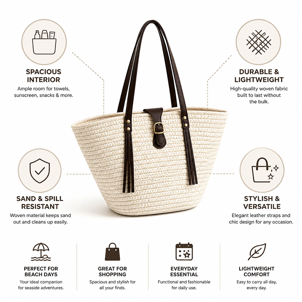 Spacious Woven Leather-Handled Beach Tote