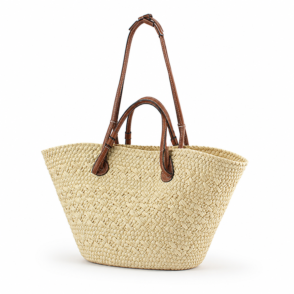 Spacious Woven Natural Handbag (Leather Handles)