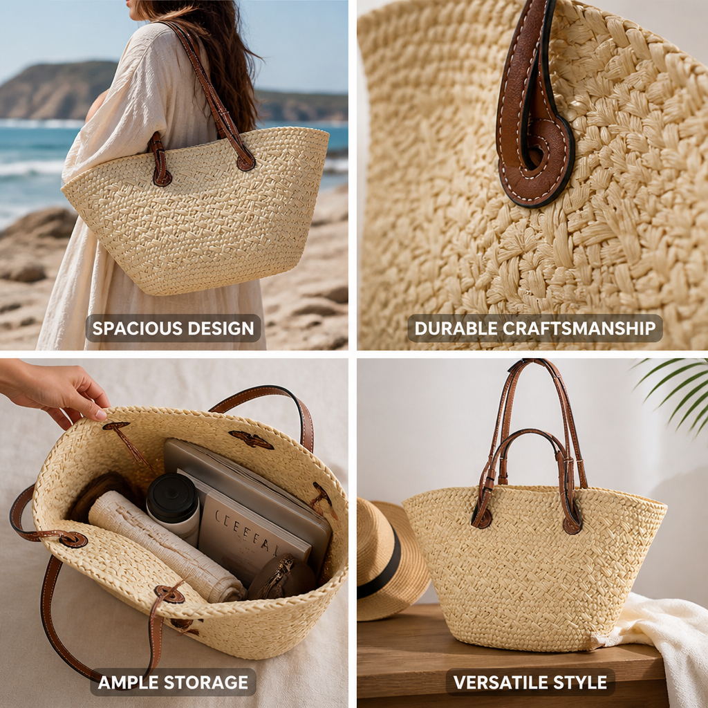 Spacious Woven Natural Handbag (Leather Handles)