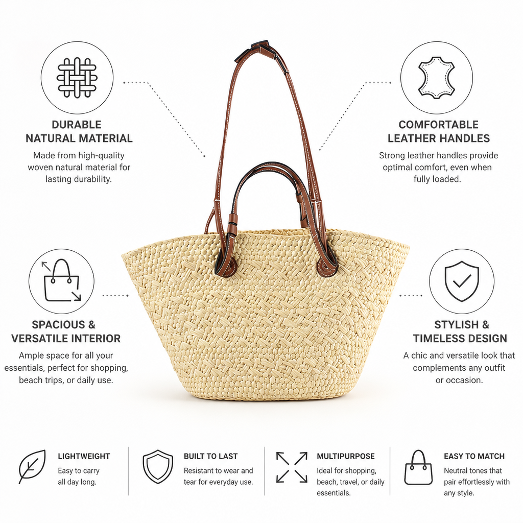 Spacious Woven Natural Handbag (Leather Handles)