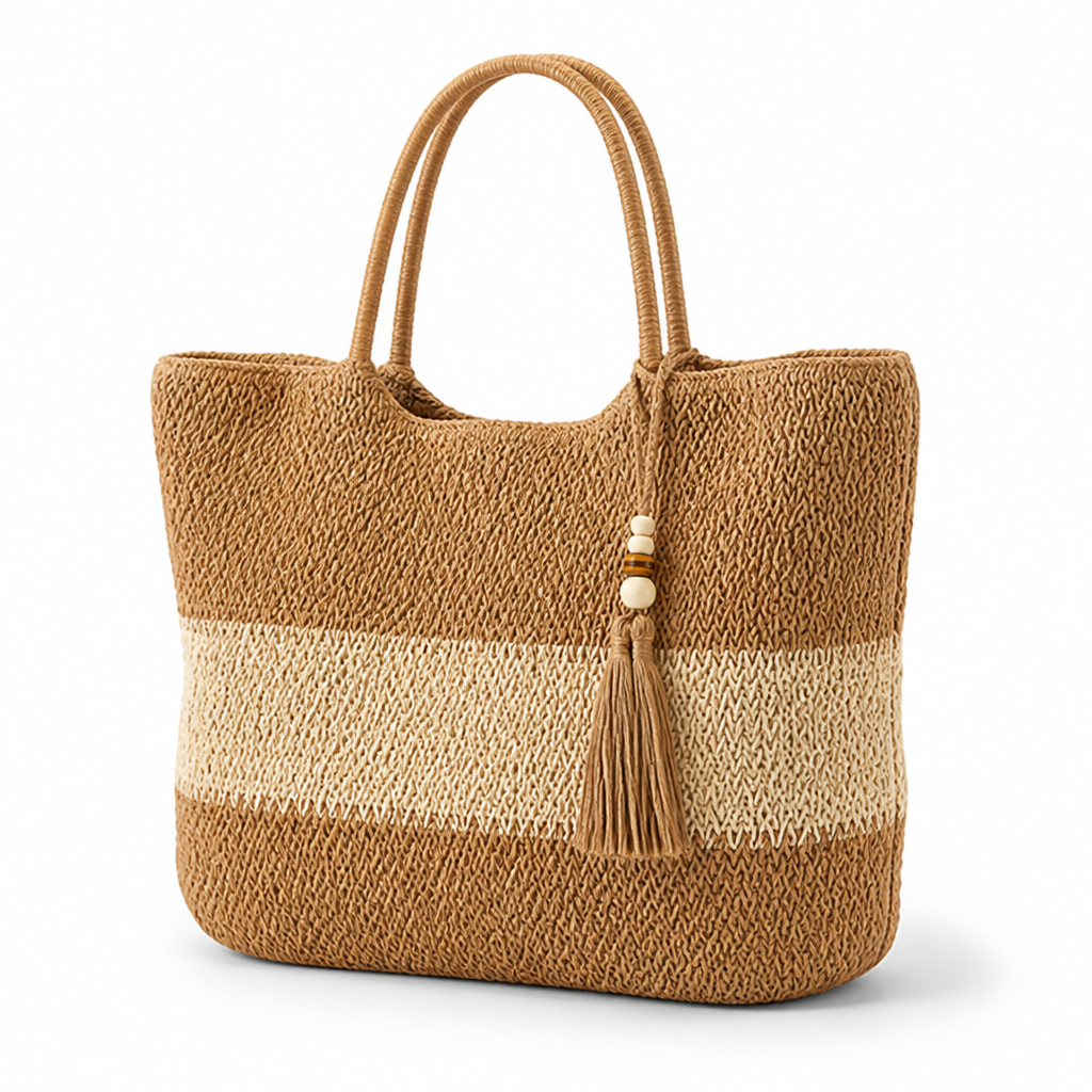 Spacious Woven Straw Beach Bag (Faux Leather Straps)