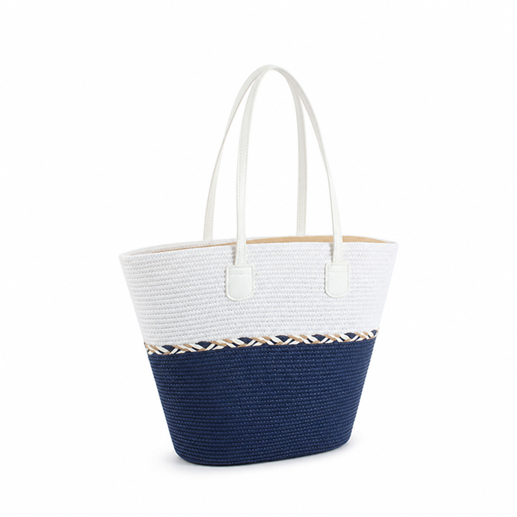 Spacious Woven Straw Beach Bag (Faux Leather Straps)