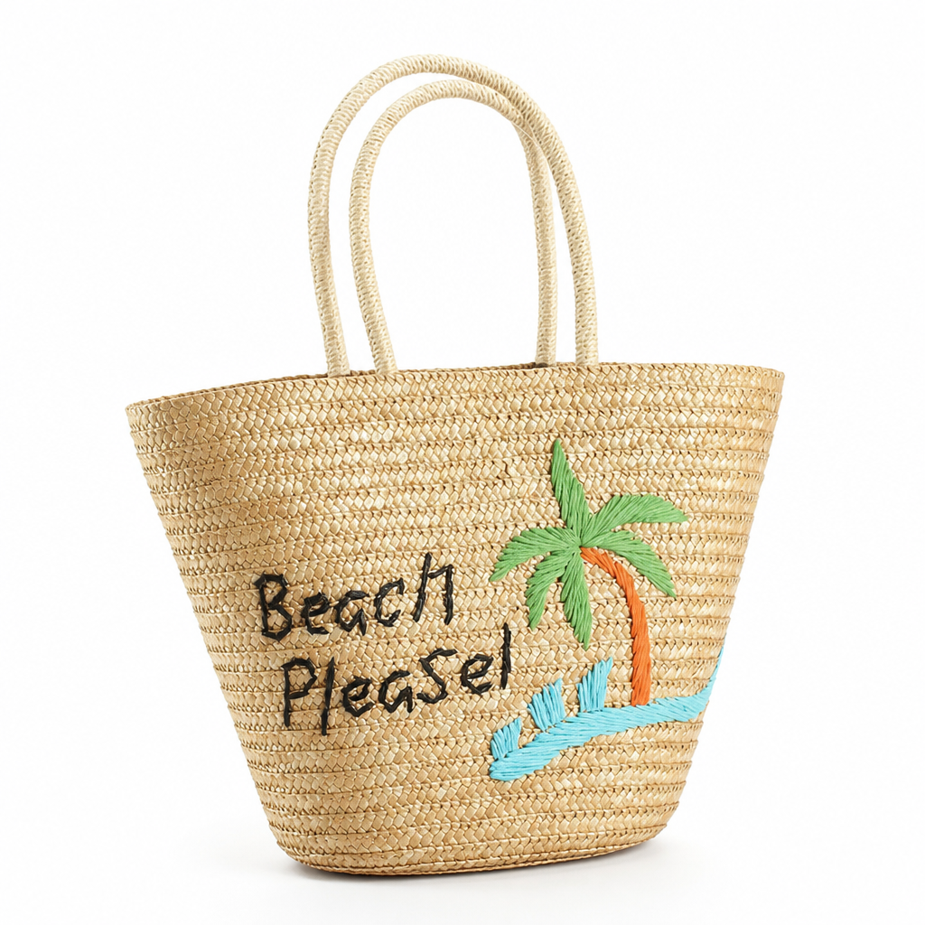 Spacious Woven Straw Beach Bag (Faux Leather Straps)