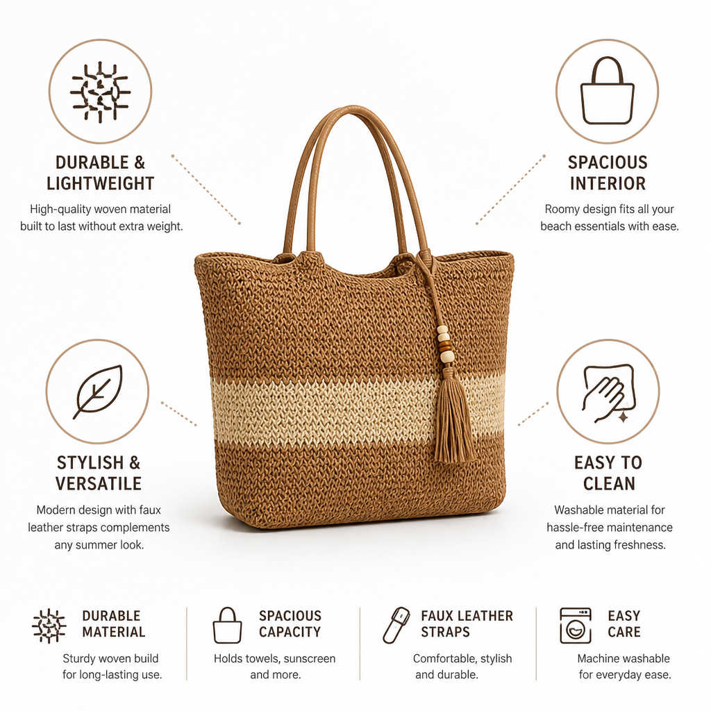 Spacious Woven Straw Beach Bag (Faux Leather Straps)