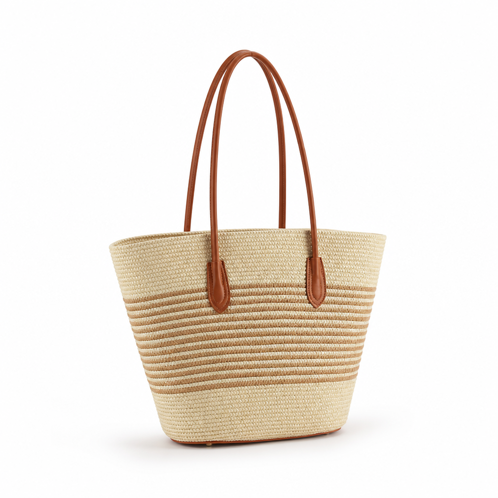 Spacious Woven Straw Beach Bag (Faux Leather Straps)