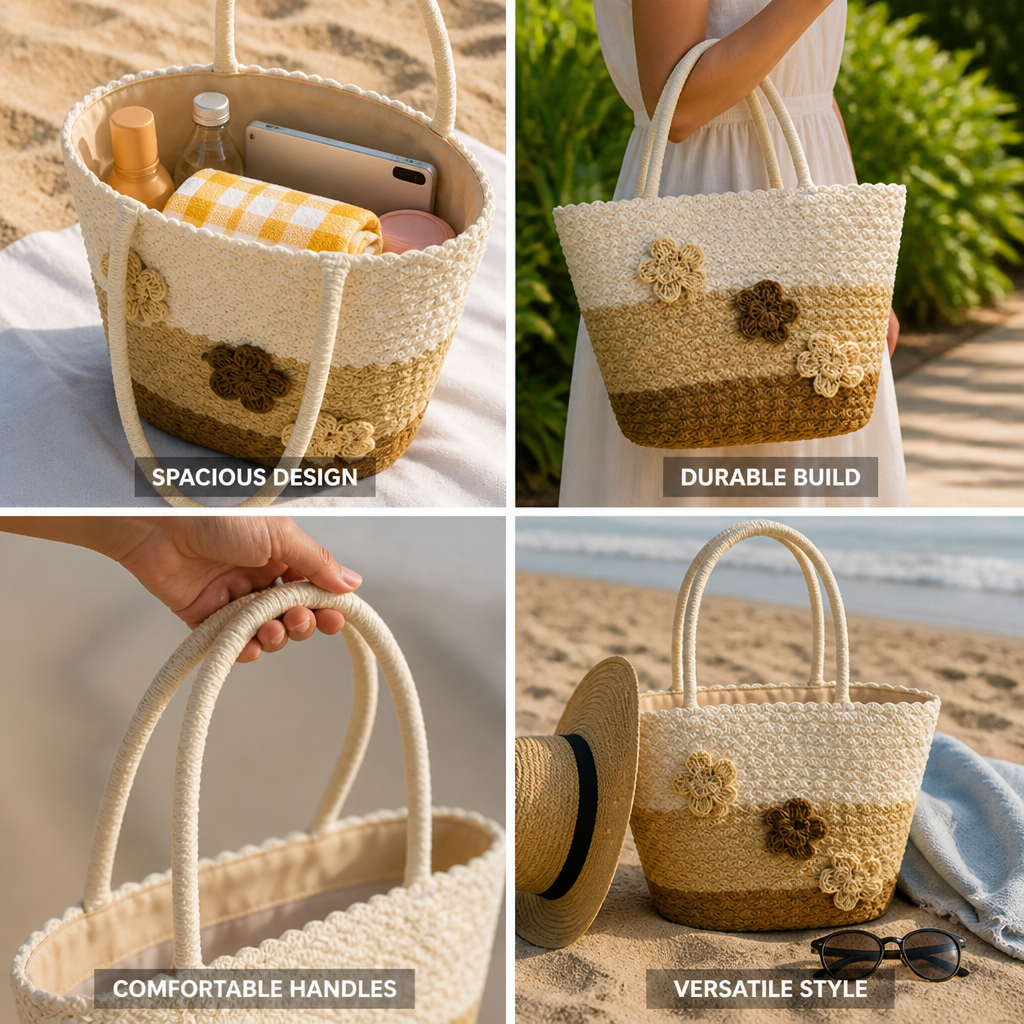Spacious Woven Straw Beach Tote (45×28×14 cm)