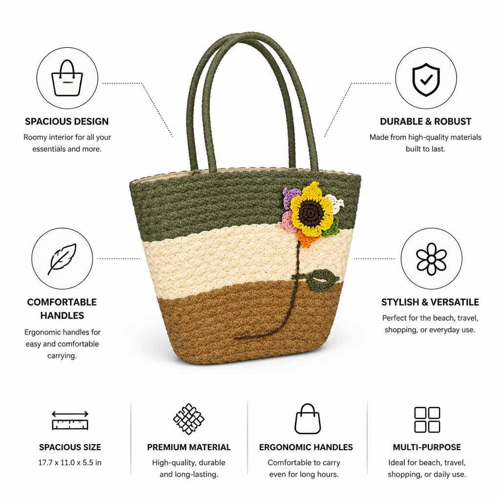 Spacious Woven Straw Beach Tote (45×28×14 cm)