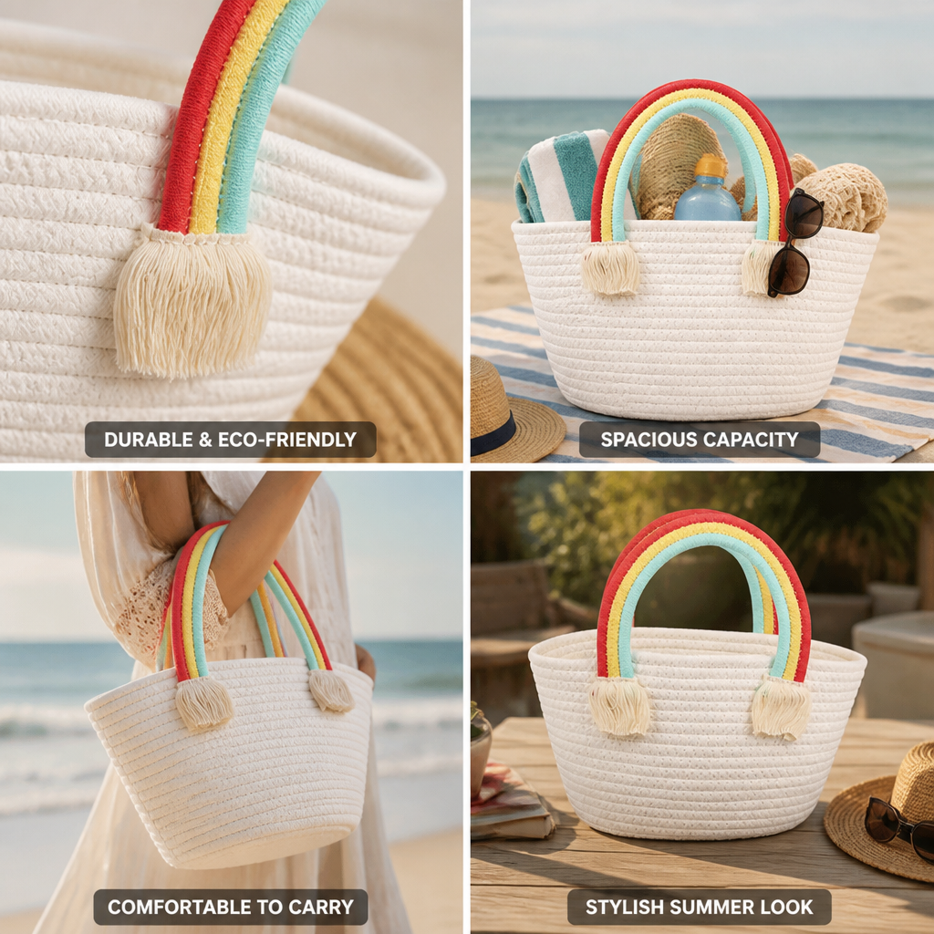Spacious Woven Straw Rainbow Fringe Beach Bag
