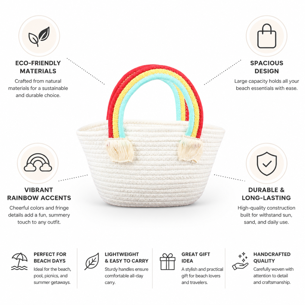 Spacious Woven Straw Rainbow Fringe Beach Bag
