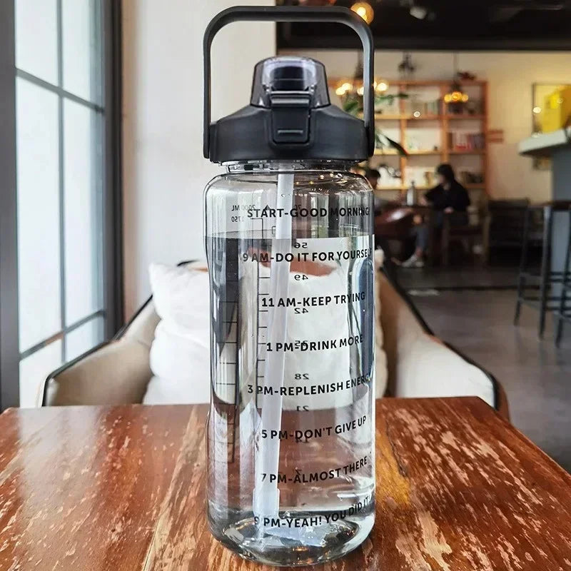Sports Water Bottle Integrated Straw Time Markings 67.6 Oz Capacity
