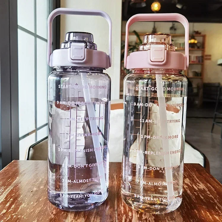 Sports Water Bottle Integrated Straw Time Markings 67.6 Oz Capacity