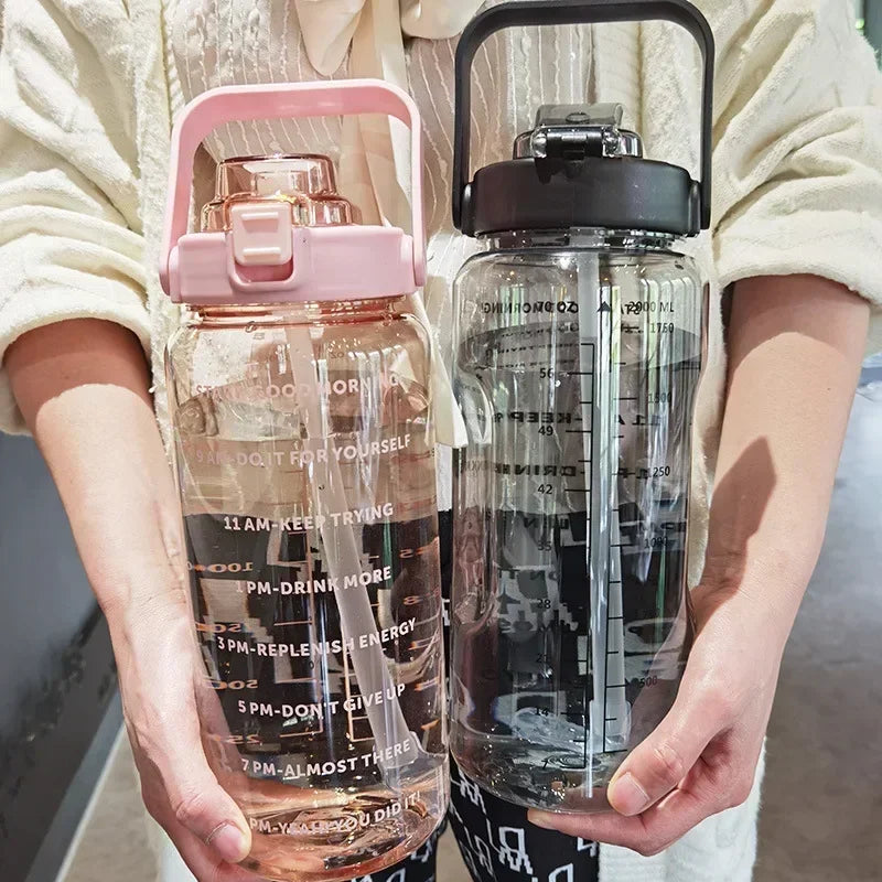 Sports Water Bottle Integrated Straw Time Markings 67.6 Oz Capacity