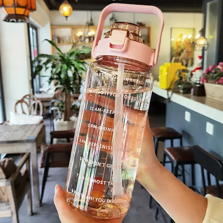 Sports Water Bottle Integrated Straw Time Markings 67.6 Oz Capacity
