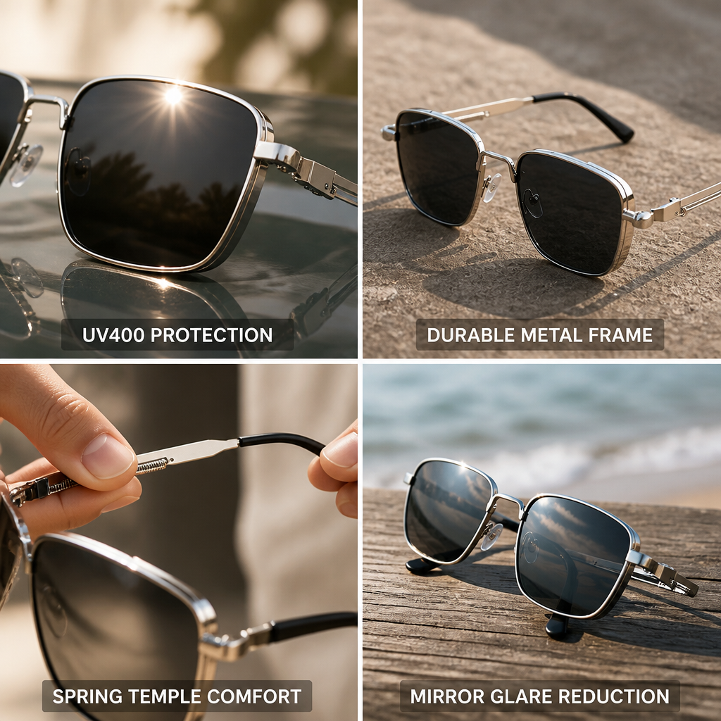 Square Metal Frame UV400 Mirror Lenses Sunglasses