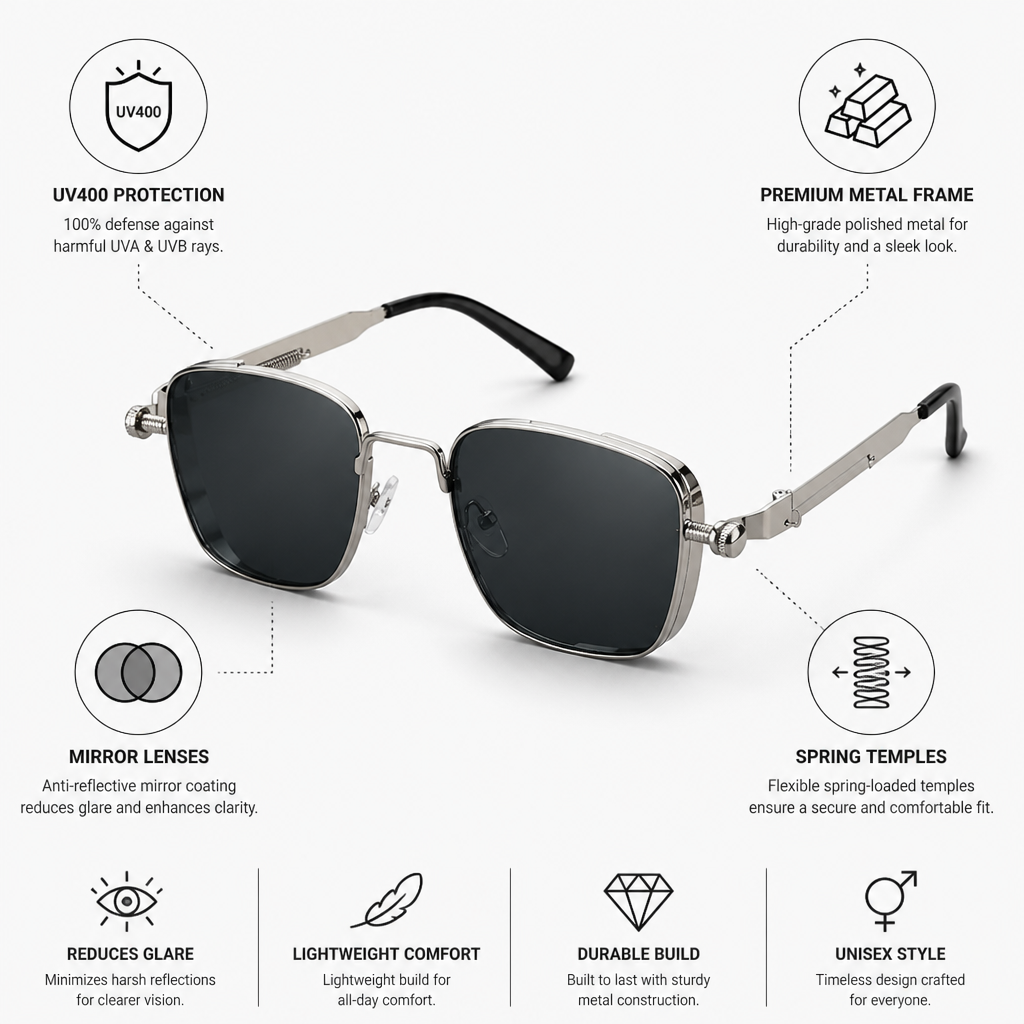 Square Metal Frame UV400 Mirror Lenses Sunglasses