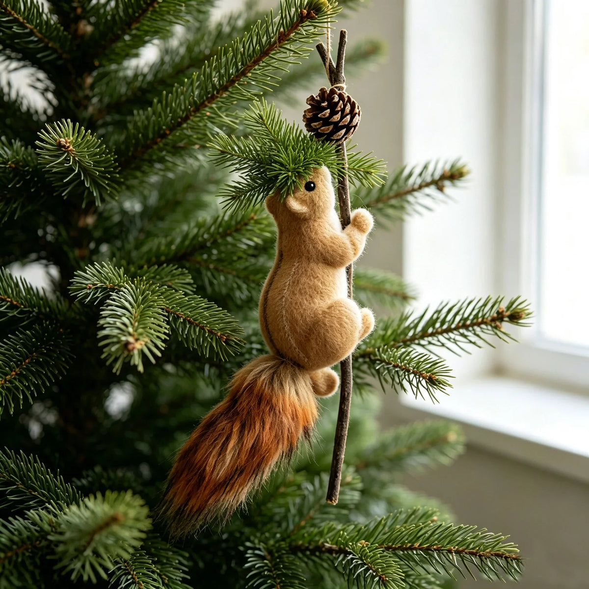 Squirrel Figurine Lifelike Felt & Wood