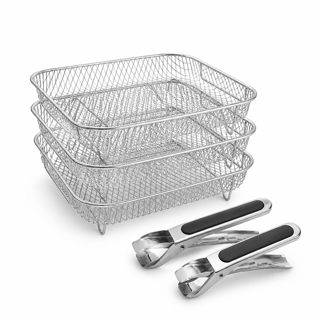 Stackable Open Mesh Stainless Steel Air Fryer Baskets (Set of 3 + Tongs)