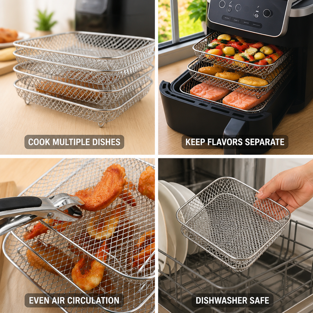 Stackable Open Mesh Stainless Steel Air Fryer Baskets (Set of 3 + Tongs)